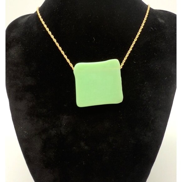 Art Glass Pendant 10K Gold Filled Necklace Green Square Fused Raised Abstract - Picture 2 of 7